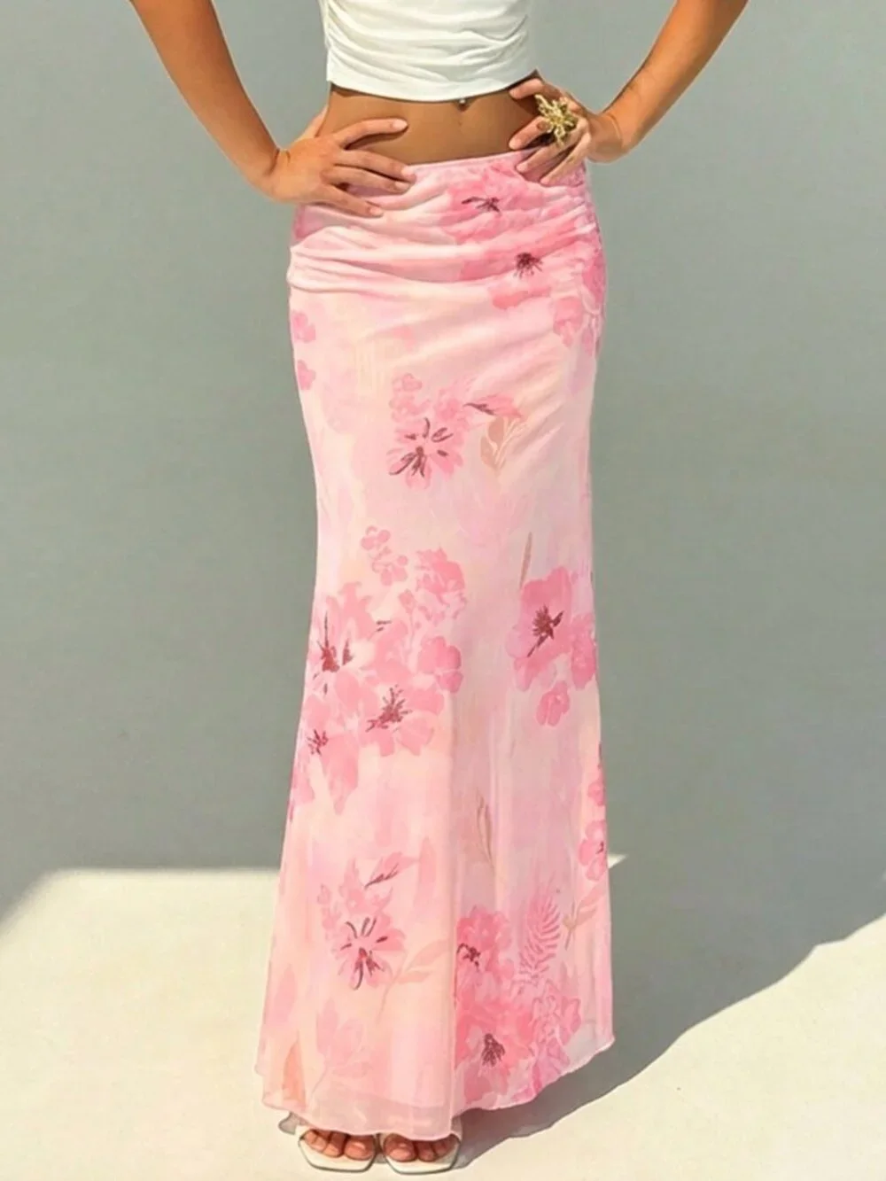 Baby Pink Boho Women's Floral Print Low Waist Fishtail Hem Skirt - Picture 3 of 7